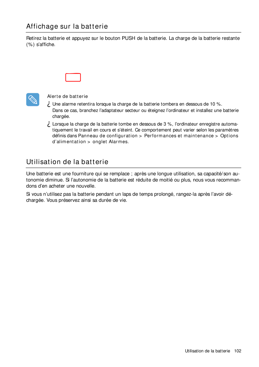 Samsung NP-Q1BV002/SEF, NP-Q1BV000/SEF manual Affichage sur la batterie, Utilisation de la batterie, Alerte de batterie 