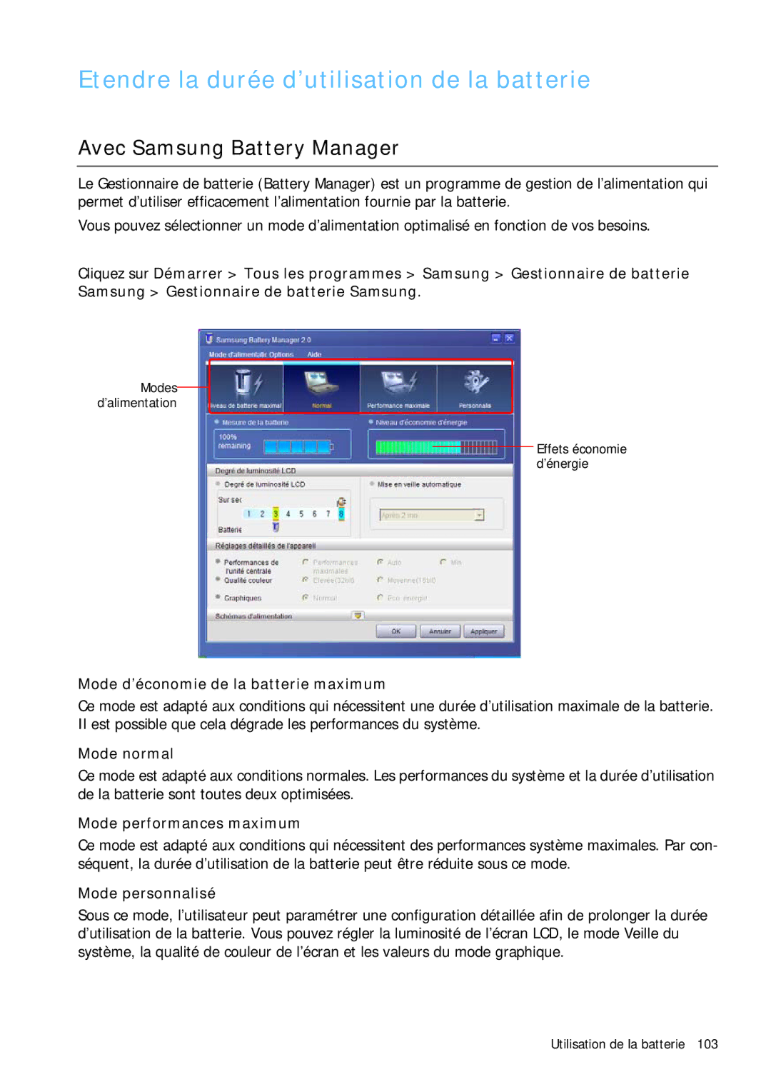 Samsung NP-Q1BV001/SEF, NP-Q1BV000/SEF manual Etendre la durée d’utilisation de la batterie, Avec Samsung Battery Manager 