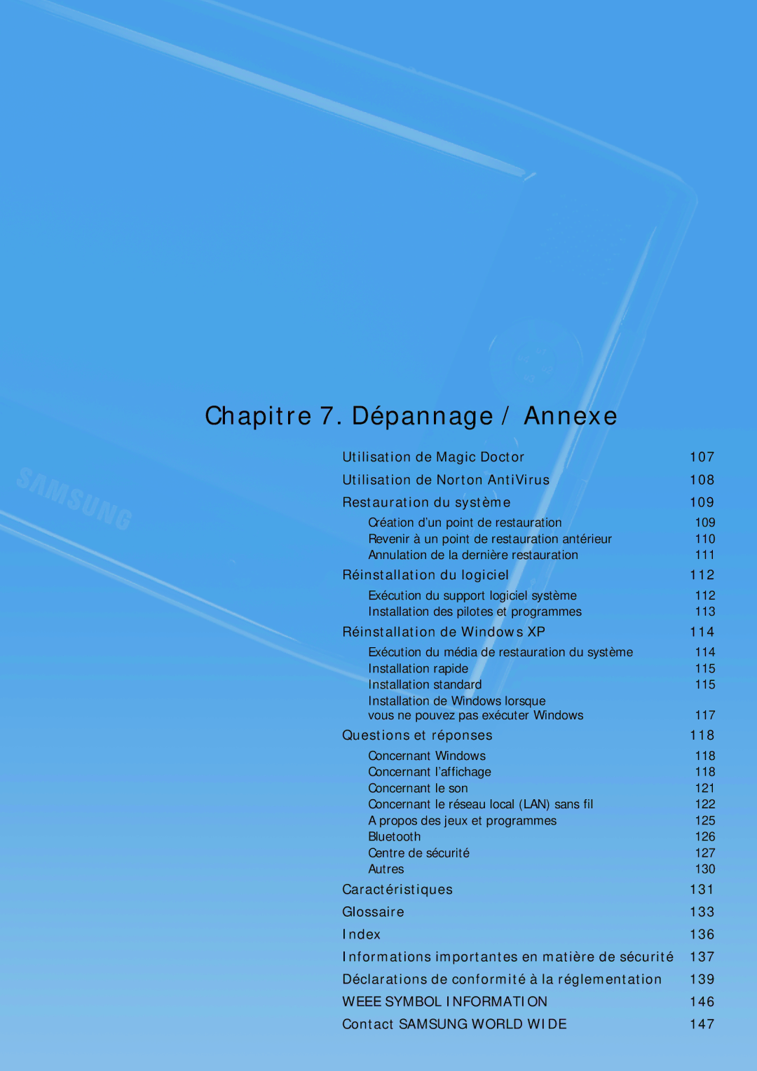 Samsung NP-Q1BV002/SEF manual Réinstallation du logiciel 112, Réinstallation de Windows XP 114, Questions et réponses 118 