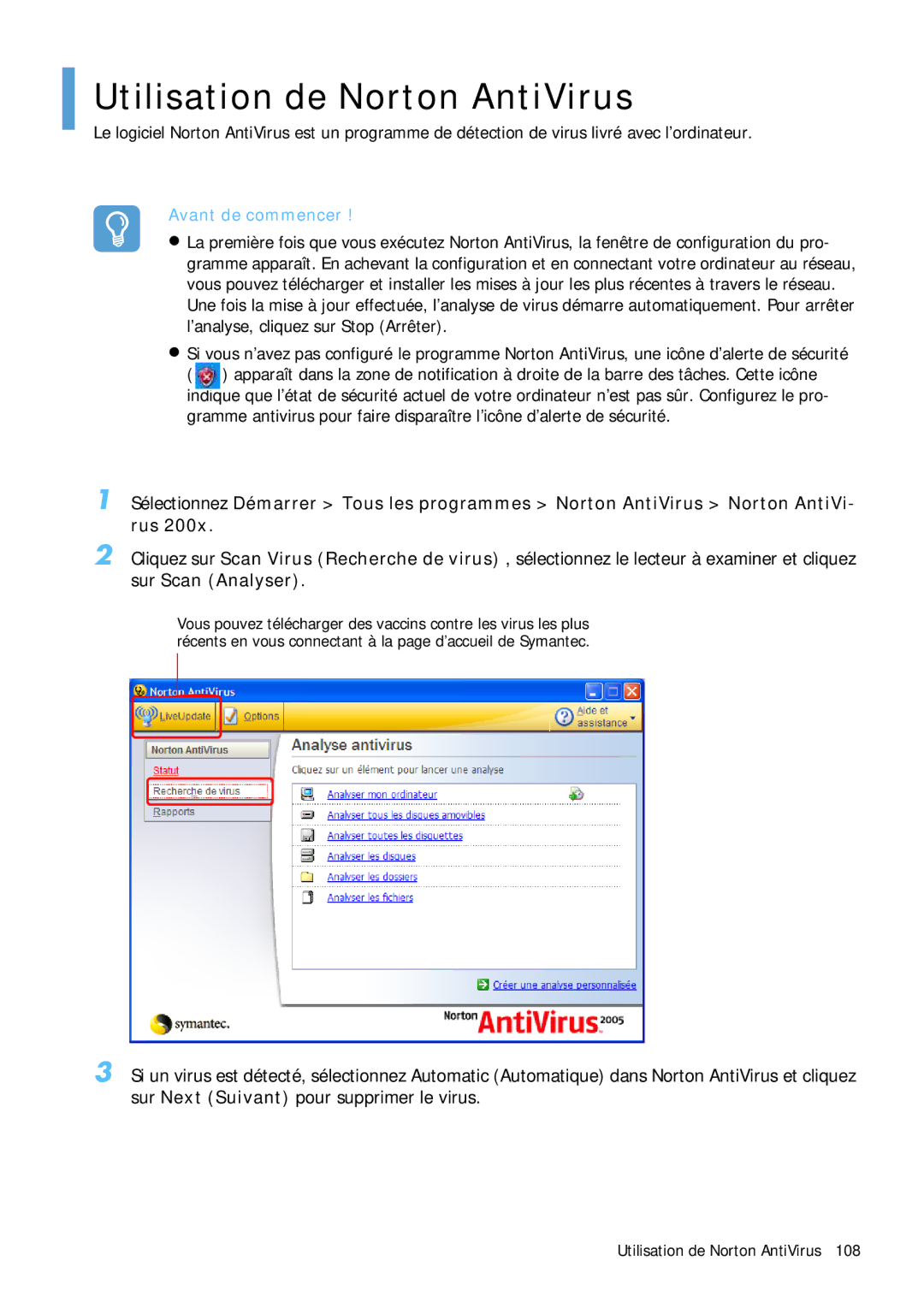 Samsung NP-Q1BV000/SEF, NP-Q1BV003/SEF, NP-Q1BV002/SEF, NP-Q1BV001/SEF manual Utilisation de Norton AntiVirus 