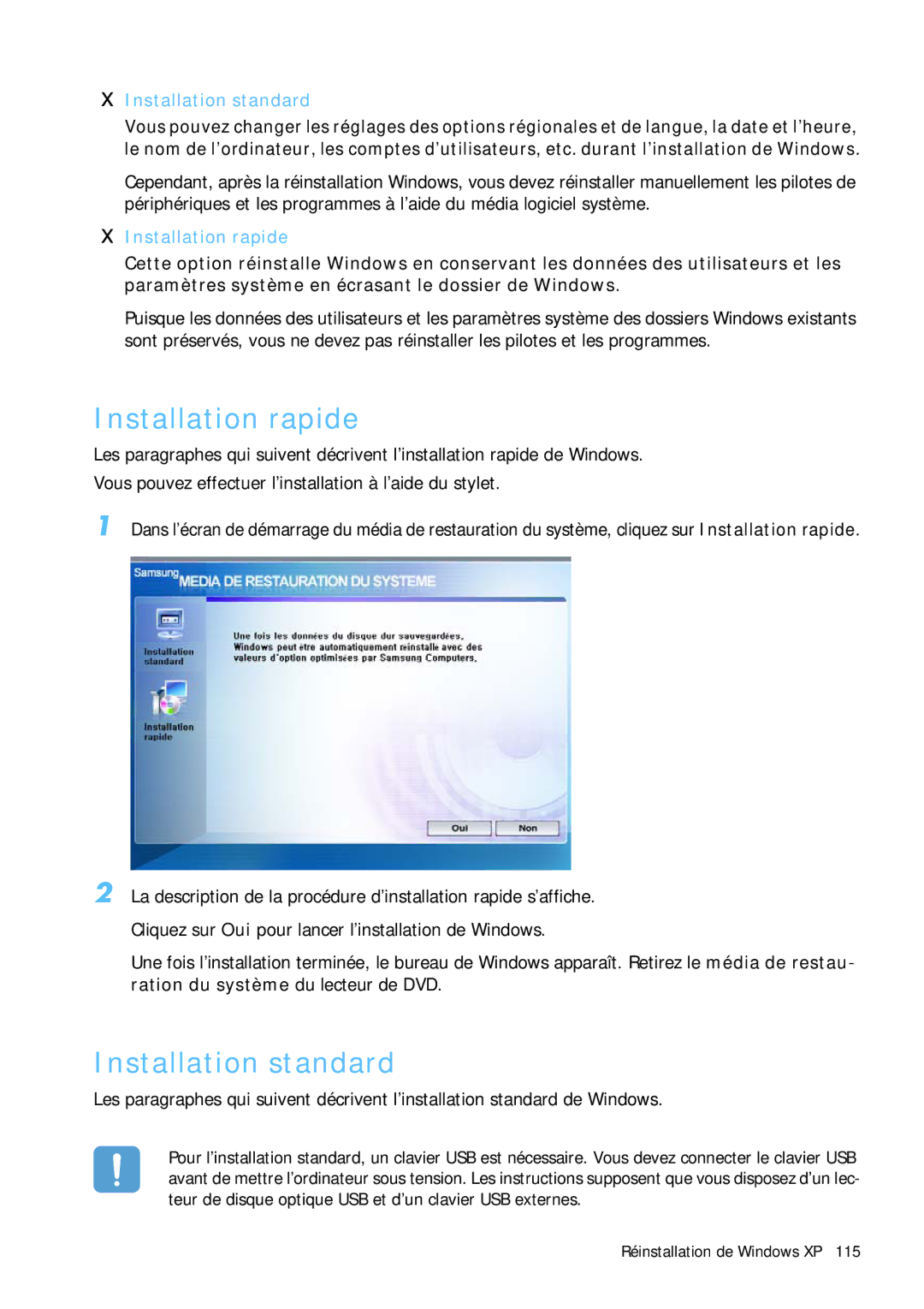 Samsung NP-Q1BV001/SEF, NP-Q1BV000/SEF, NP-Q1BV003/SEF, NP-Q1BV002/SEF manual Installation rapide, Installation standard 