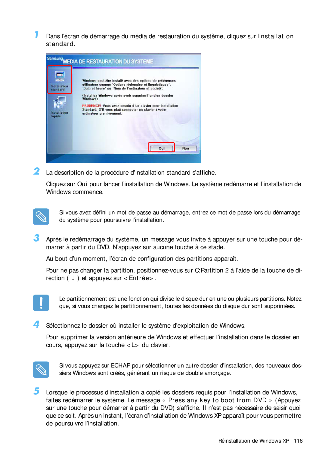 Samsung NP-Q1BV000/SEF, NP-Q1BV003/SEF, NP-Q1BV002/SEF, NP-Q1BV001/SEF manual Réinstallation de Windows XP 