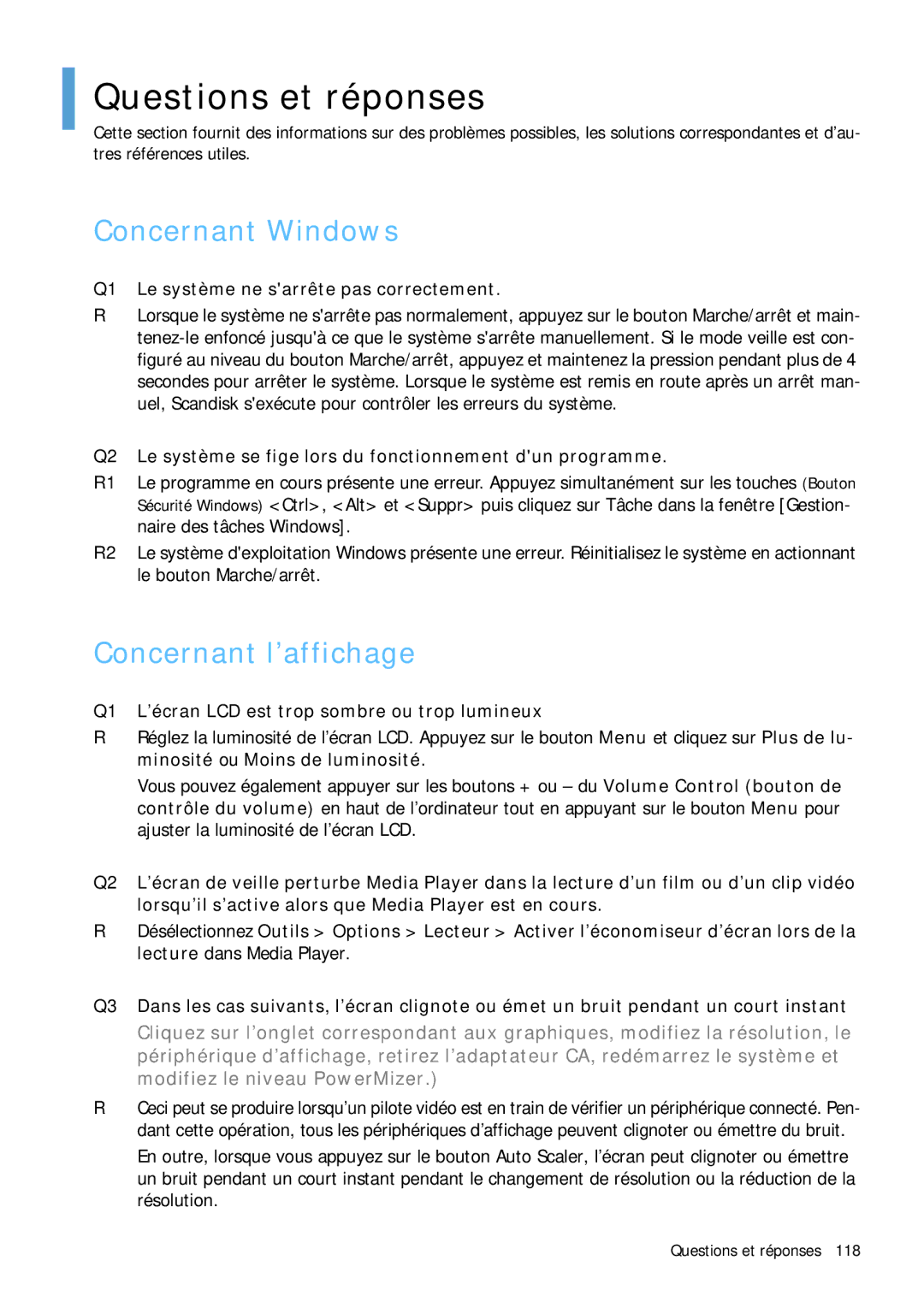 Samsung NP-Q1BV002/SEF, NP-Q1BV000/SEF, NP-Q1BV003/SEF Questions et réponses, Concernant Windows, Concernant l’affichage 