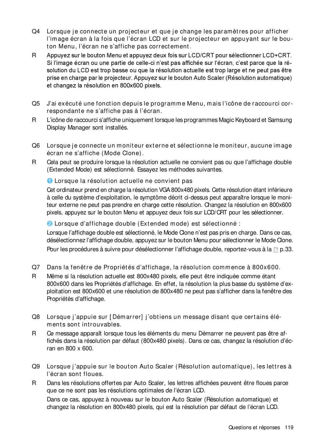 Samsung NP-Q1BV001/SEF, NP-Q1BV000/SEF, NP-Q1BV003/SEF, NP-Q1BV002/SEF manual Lorsque la résolution actuelle ne convient pas 