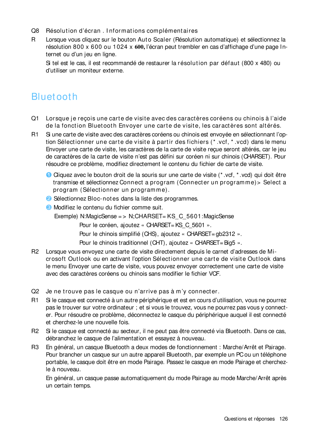 Samsung NP-Q1BV002/SEF, NP-Q1BV000/SEF, NP-Q1BV003/SEF manual Bluetooth, Q8 Résolution d’écran . Informations complémentaires 