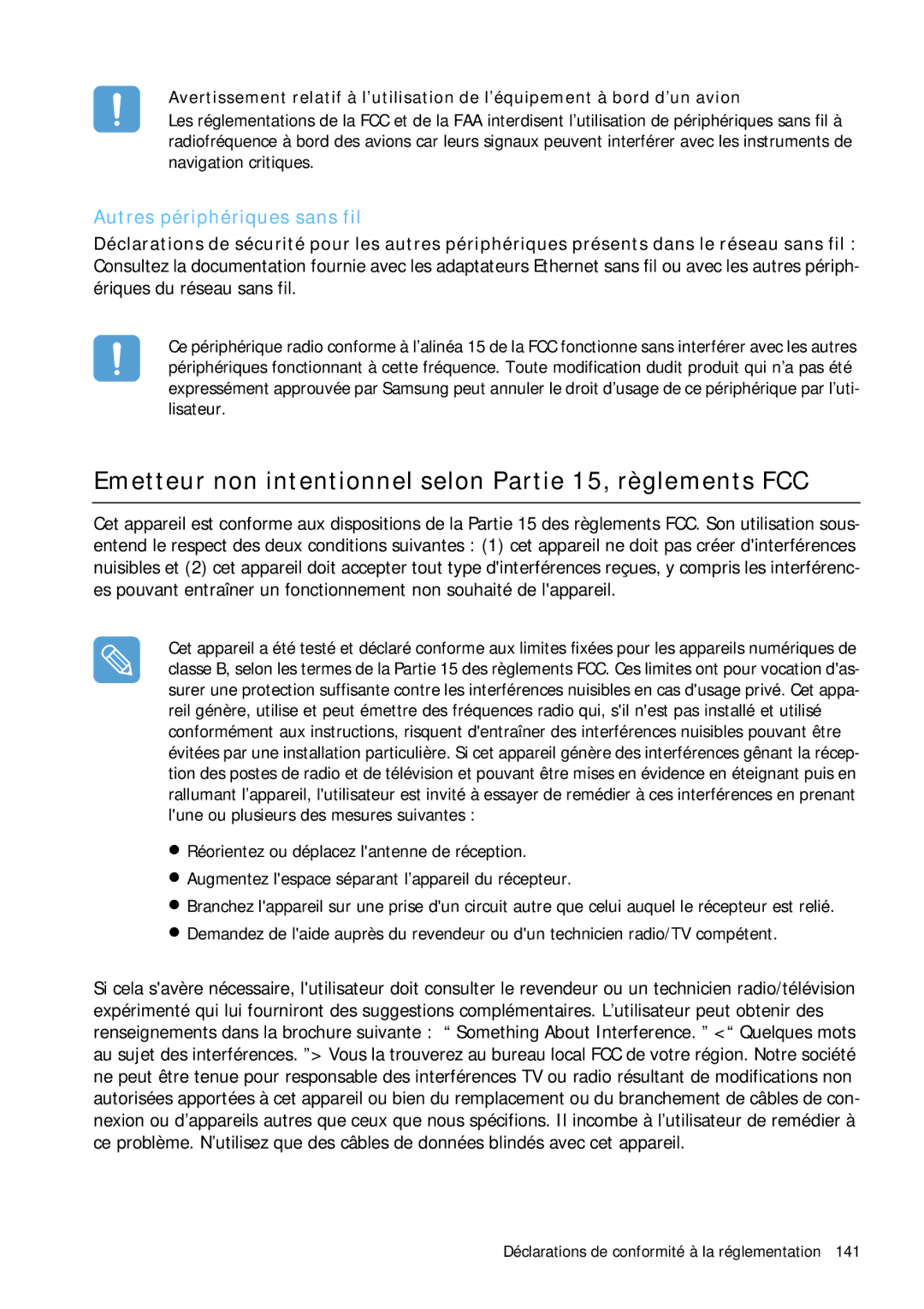 Samsung NP-Q1BV003/SEF manual Emetteur non intentionnel selon Partie 15, règlements FCC, Autres périphériques sans fil 