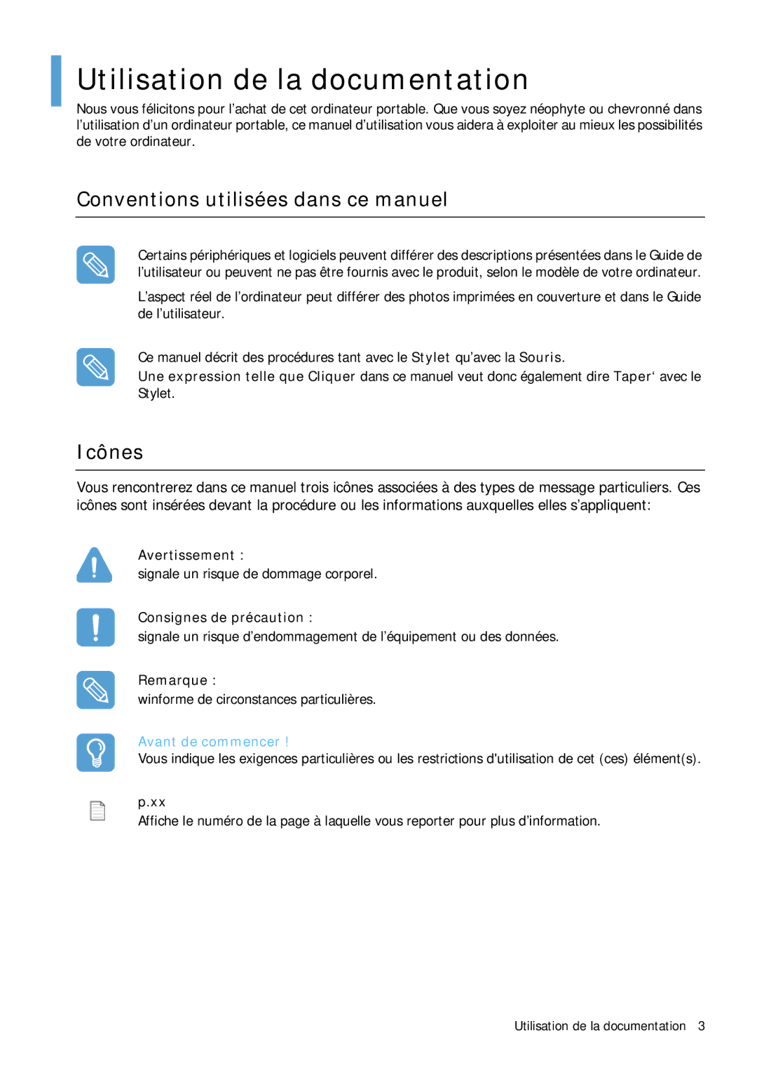 Samsung NP-Q1BV001/SEF, NP-Q1BV000/SEF manual Utilisation de la documentation, Conventions utilisées dans ce manuel, Icônes 