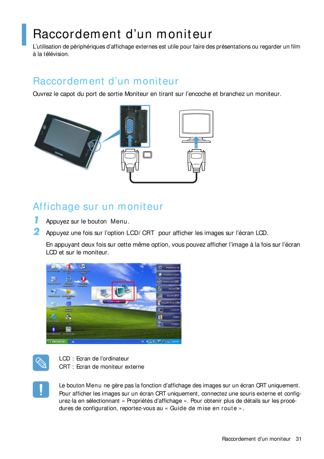 Samsung NP-Q1BV001/SEF, NP-Q1BV000/SEF, NP-Q1BV003/SEF, NP-Q1BV002/SEF Raccordement d’un moniteur, Affichage sur un moniteur 