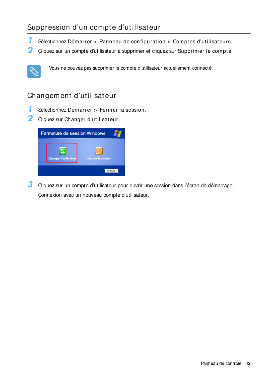 Samsung NP-Q1BV002/SEF, NP-Q1BV000/SEF, NP-Q1BV003/SEF manual Suppression d’un compte d’utilisateur, Changement d’utilisateur 