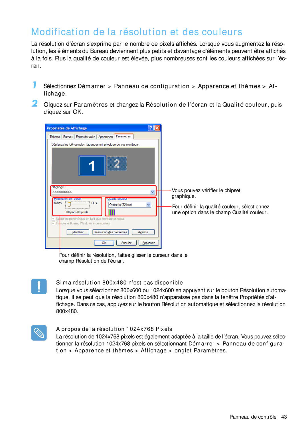 Samsung NP-Q1BV001/SEF manual Modification de la résolution et des couleurs, Si ma résolution 800x480 n’est pas disponible 