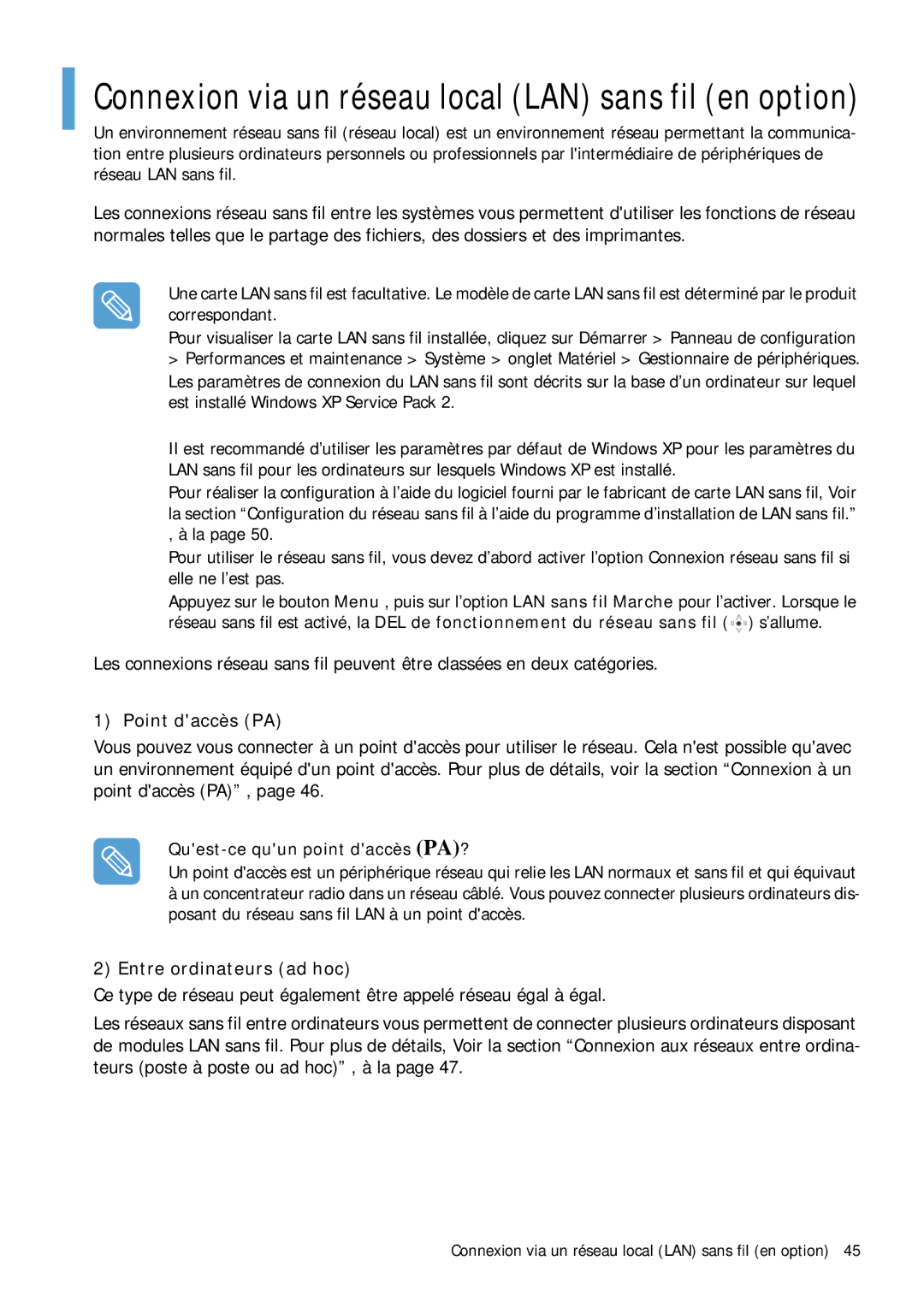 Samsung NP-Q1BV003/SEF, NP-Q1BV000/SEF manual Point daccès PA, Entre ordinateurs ad hoc, Quest-ce quun point daccès PA? 