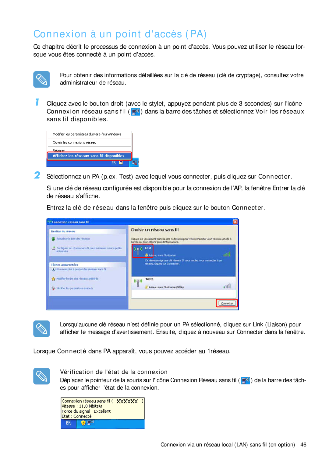 Samsung NP-Q1BV002/SEF, NP-Q1BV000/SEF manual Connexion à un point daccès PA, Vérification de létat de la connexion 