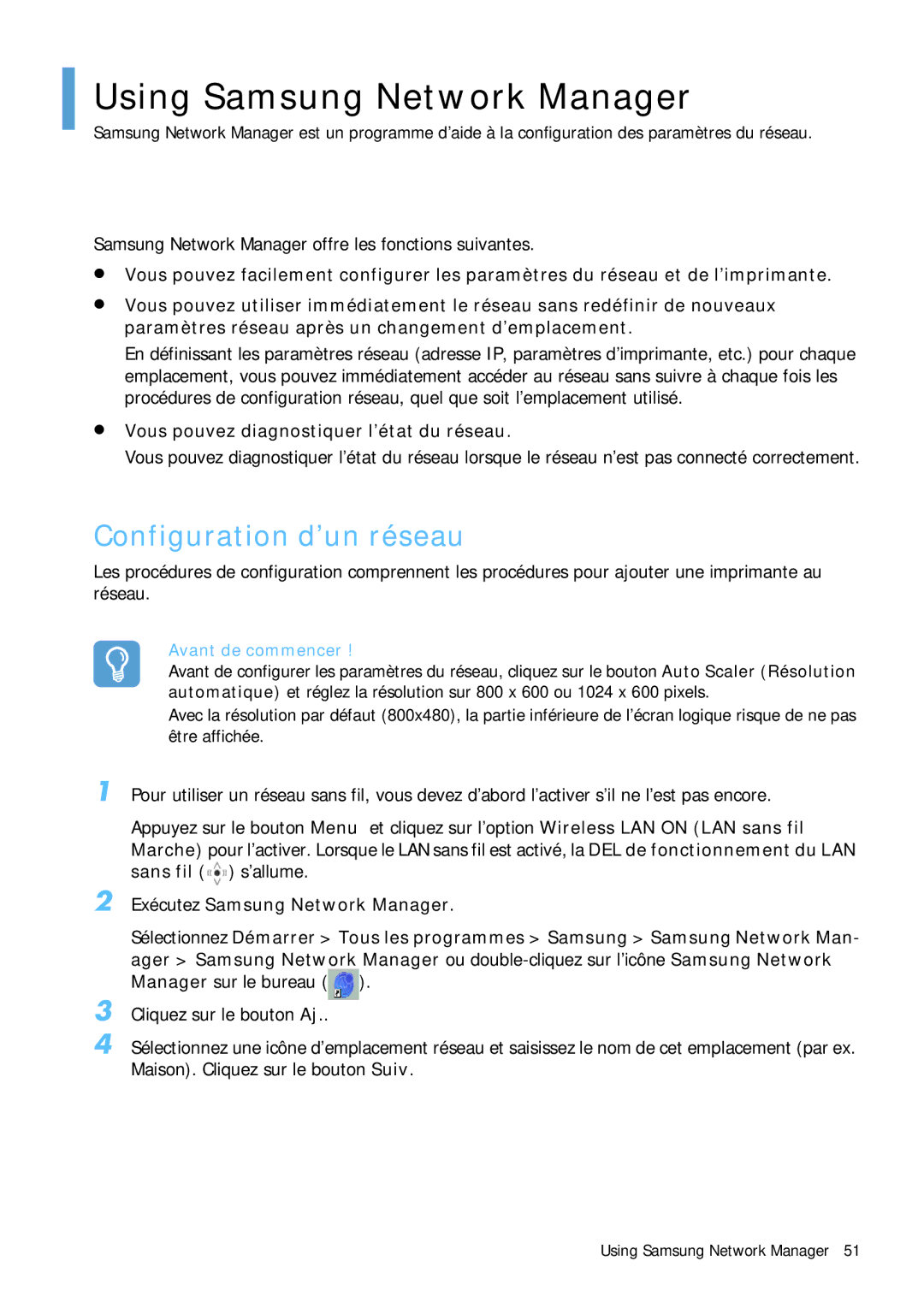 Samsung NP-Q1BV001/SEF, NP-Q1BV000/SEF, NP-Q1BV003/SEF manual Using Samsung Network Manager, Configuration d’un réseau 