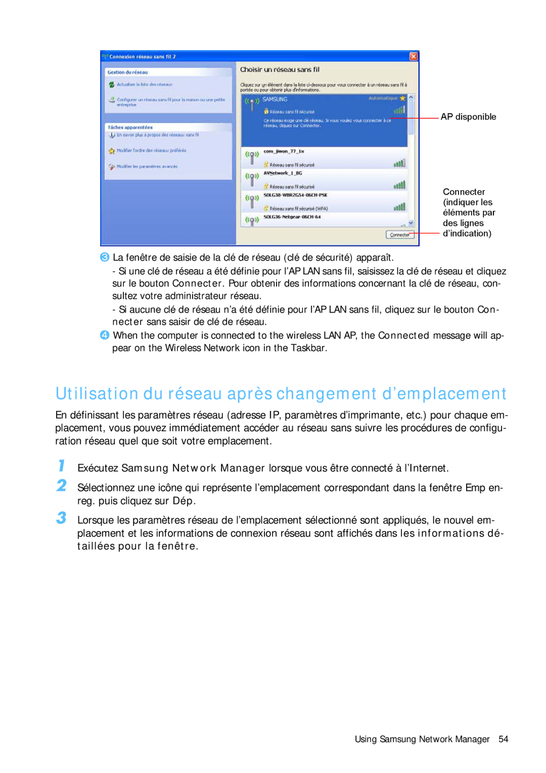 Samsung NP-Q1BV002/SEF, NP-Q1BV000/SEF, NP-Q1BV003/SEF, NP-Q1BV001/SEF Utilisation du réseau après changement d’emplacement 