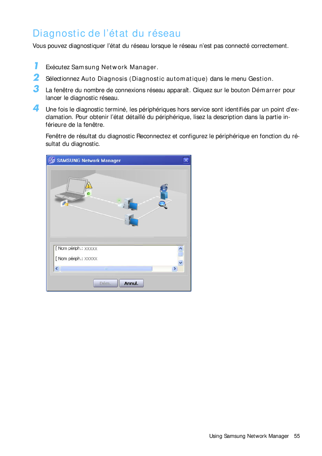 Samsung NP-Q1BV001/SEF, NP-Q1BV000/SEF, NP-Q1BV003/SEF, NP-Q1BV002/SEF manual Diagnostic de l’état du réseau 