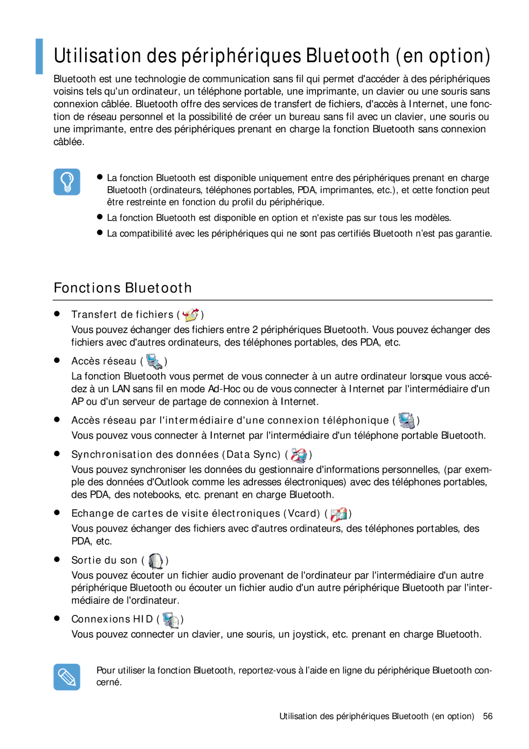 Samsung NP-Q1BV000/SEF manual Fonctions Bluetooth, Transfert de fichiers, Accès réseau, Sortie du son, Connexions HID 