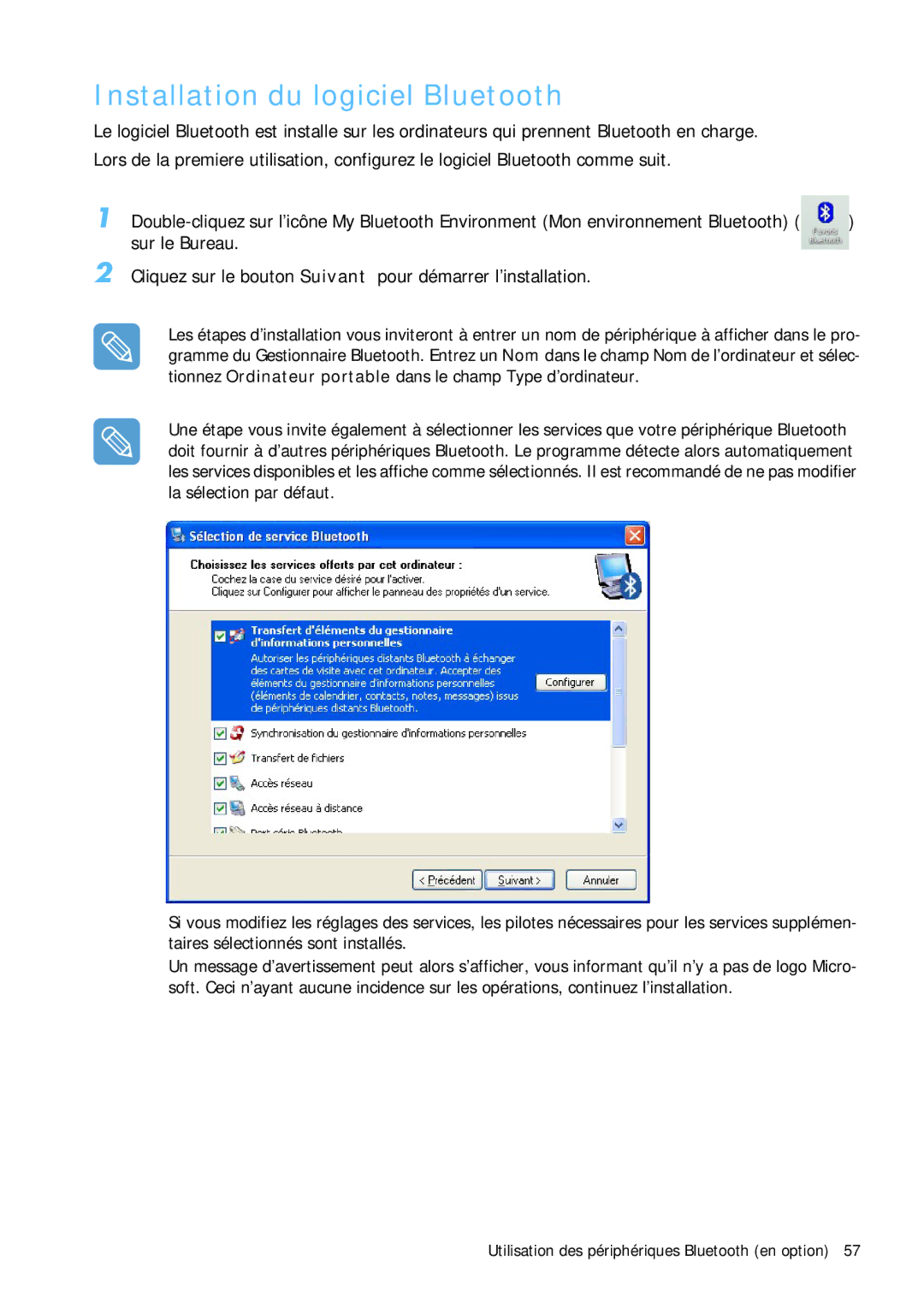 Samsung NP-Q1BV003/SEF, NP-Q1BV000/SEF, NP-Q1BV002/SEF, NP-Q1BV001/SEF manual Installation du logiciel Bluetooth 