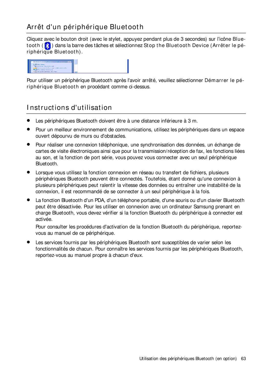 Samsung NP-Q1BV001/SEF, NP-Q1BV000/SEF, NP-Q1BV003/SEF manual Arrêt dun périphérique Bluetooth, Instructions dutilisation 