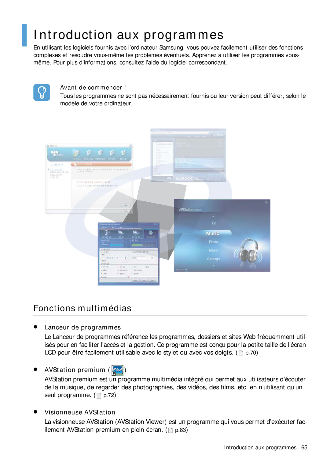 Samsung NP-Q1BV003/SEF manual Introduction aux programmes, Fonctions multimédias, Lanceur de programmes, AVStation premium 