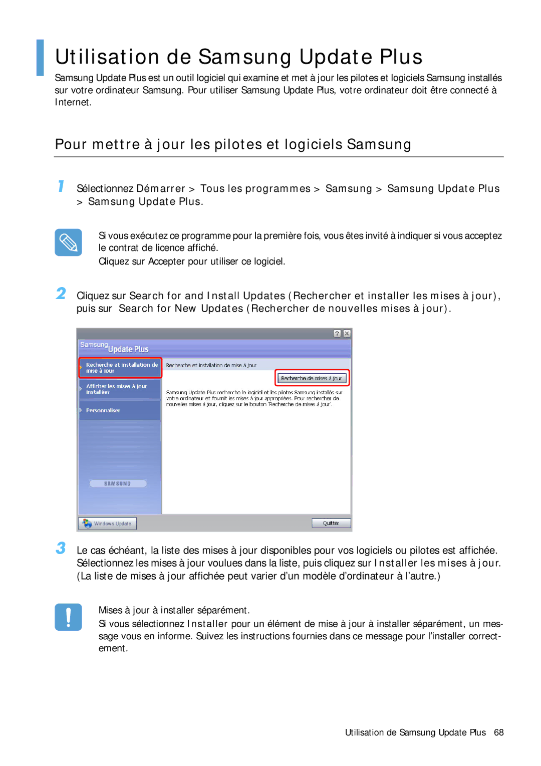 Samsung NP-Q1BV000/SEF manual Utilisation de Samsung Update Plus, Pour mettre à jour les pilotes et logiciels Samsung 