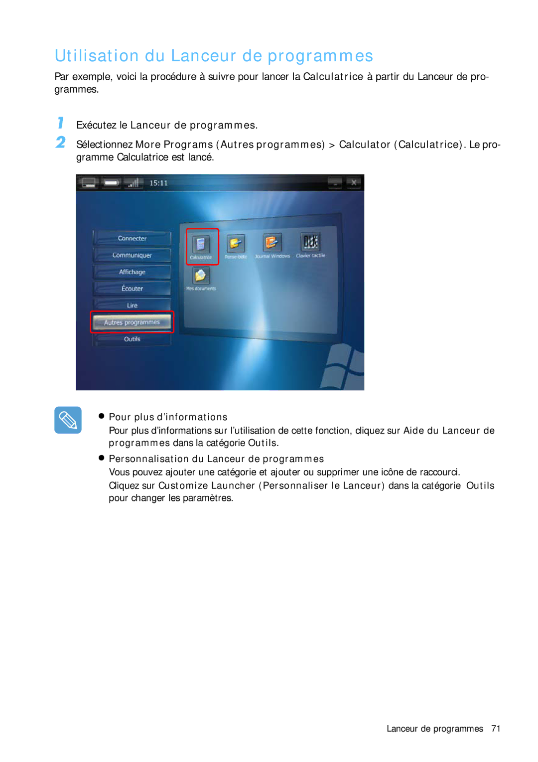 Samsung NP-Q1BV001/SEF, NP-Q1BV000/SEF, NP-Q1BV003/SEF manual Utilisation du Lanceur de programmes, Pour plus d’informations 