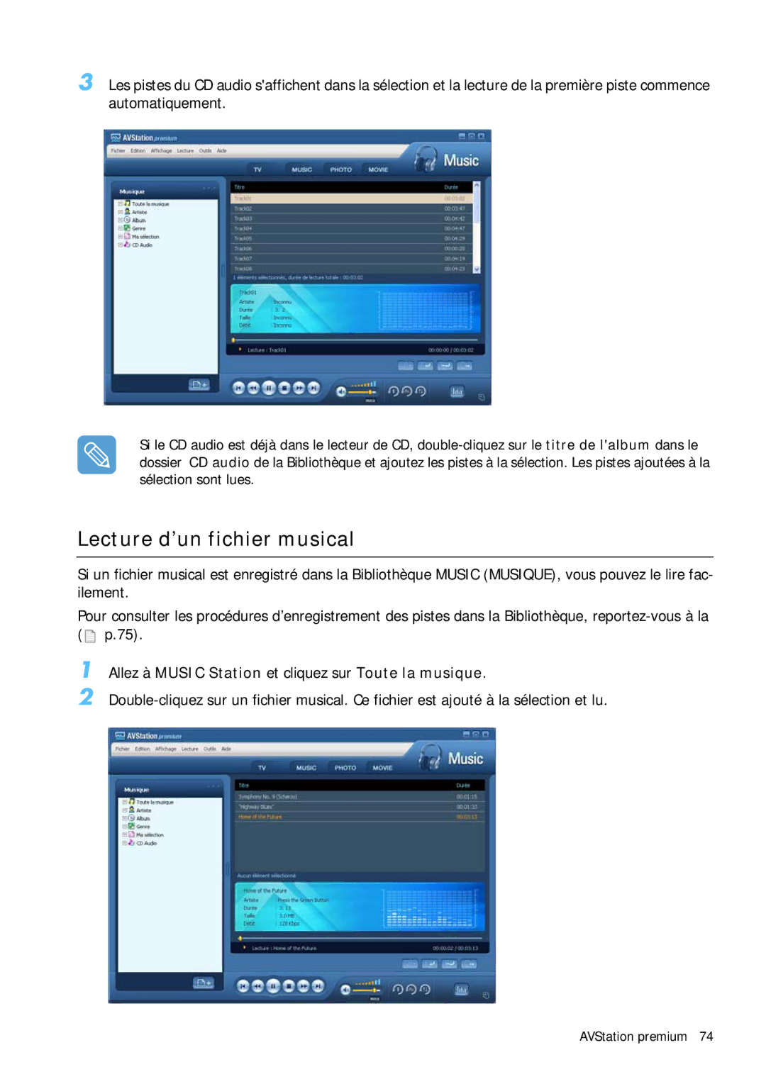 Samsung NP-Q1BV002/SEF, NP-Q1BV000/SEF Lecture d’un fichier musical, Allez à Music Station et cliquez sur Toute la musique 