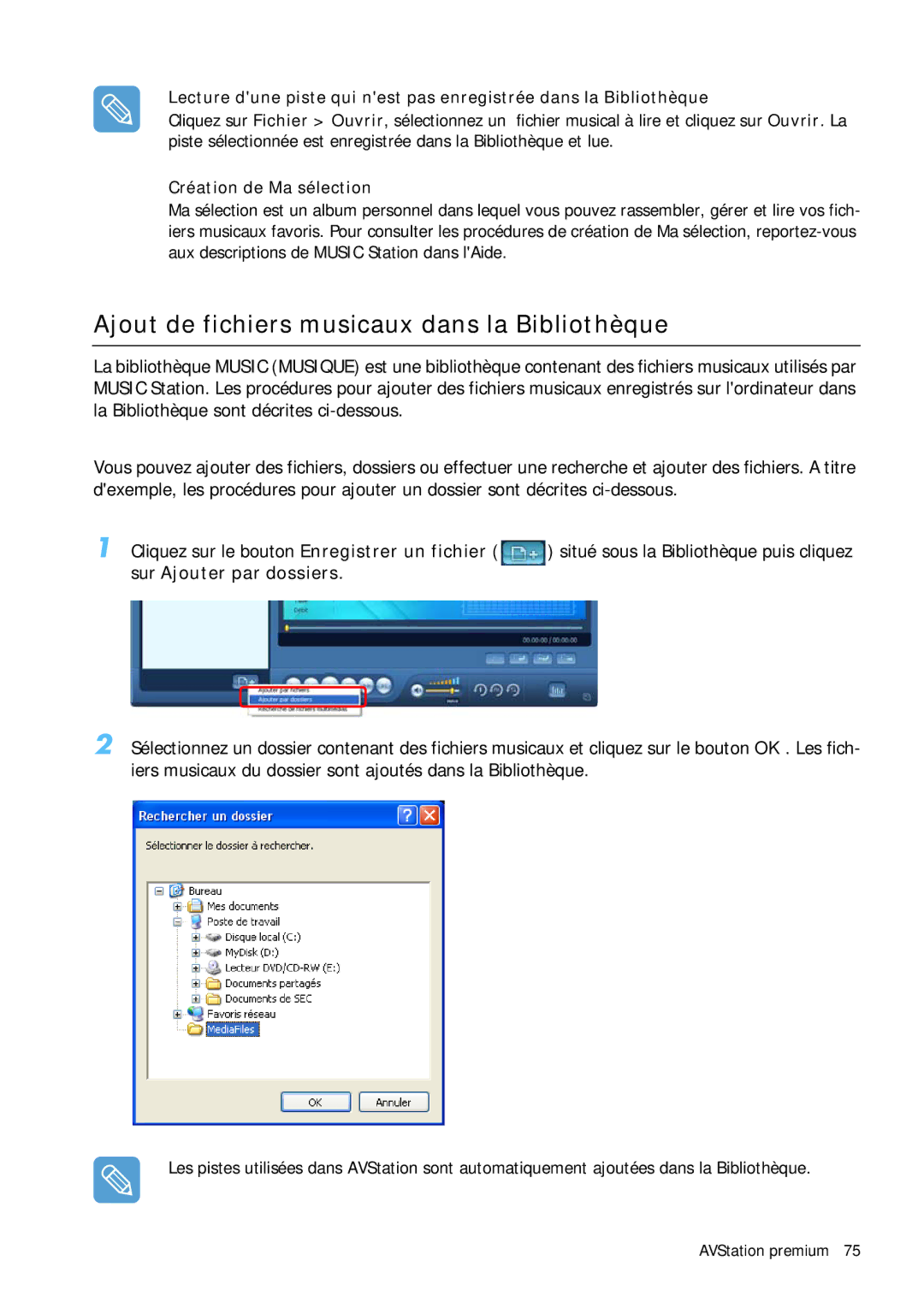 Samsung NP-Q1BV001/SEF Ajout de fichiers musicaux dans la Bibliothèque, Sur Ajouter par dossiers, Création de Ma sélection 