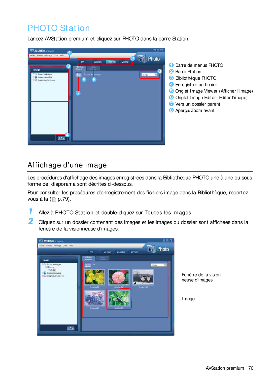 Samsung NP-Q1BV000/SEF, NP-Q1BV003/SEF, NP-Q1BV002/SEF, NP-Q1BV001/SEF manual Photo Station, Affichage d’une image 