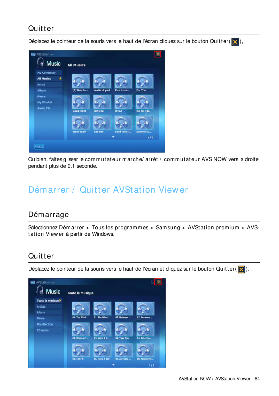 Samsung NP-Q1BV000/SEF, NP-Q1BV003/SEF, NP-Q1BV002/SEF, NP-Q1BV001/SEF manual Démarrer / Quitter AVStation Viewer, Démarrage 