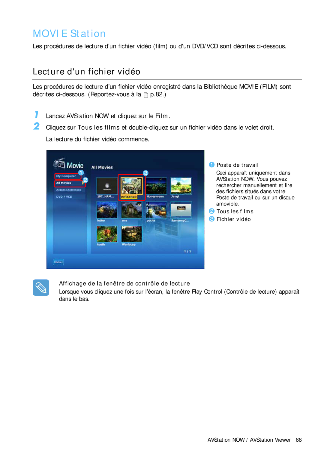 Samsung NP-Q1BV000/SEF, NP-Q1BV003/SEF manual Affichage de la fenêtre de contrôle de lecture, Tous les films, Fichier vidéo 