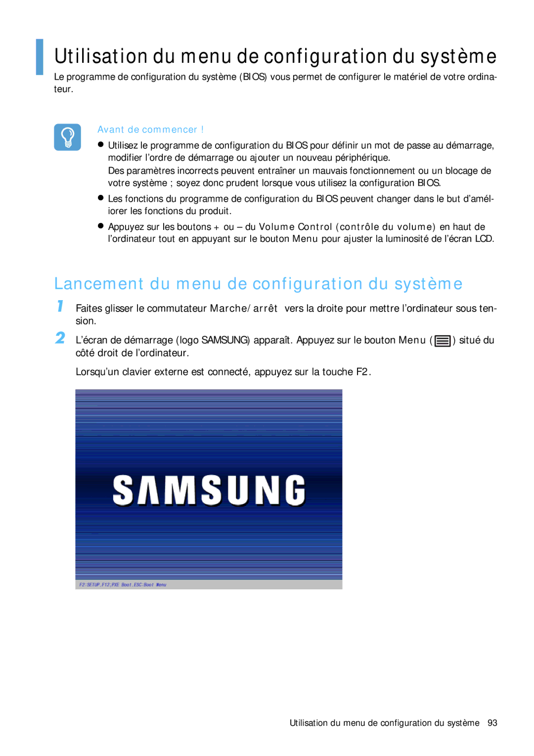 Samsung NP-Q1BV003/SEF Utilisation du menu de configuration du système, Lancement du menu de configuration du système 