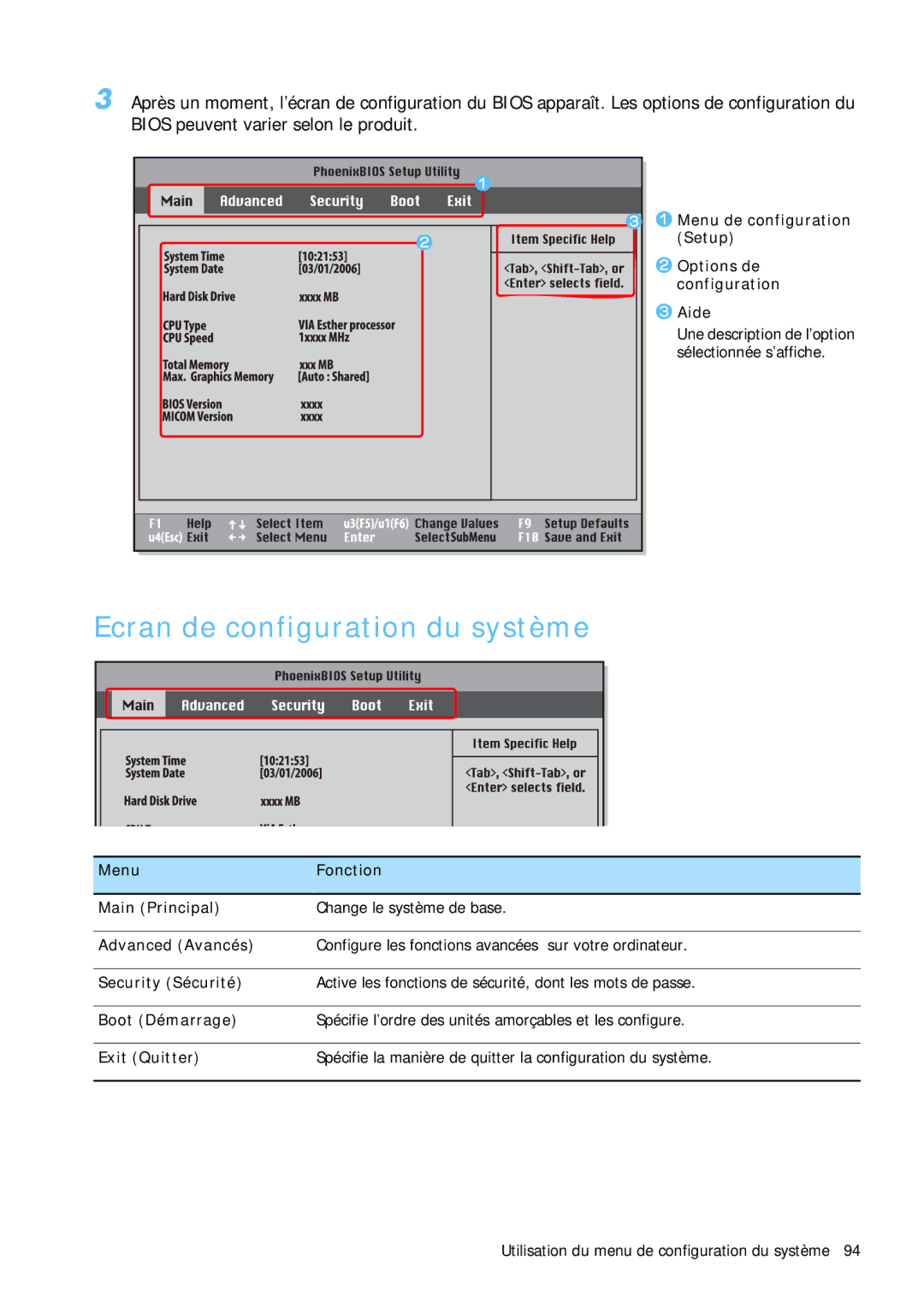 Samsung NP-Q1BV002/SEF, NP-Q1BV000/SEF, NP-Q1BV003/SEF, NP-Q1BV001/SEF manual Ecran de configuration du système 