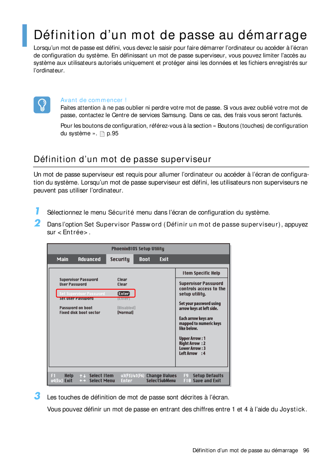 Samsung NP-Q1BV000/SEF, NP-Q1BV003/SEF Définition d’un mot de passe au démarrage, Définition d’un mot de passe superviseur 