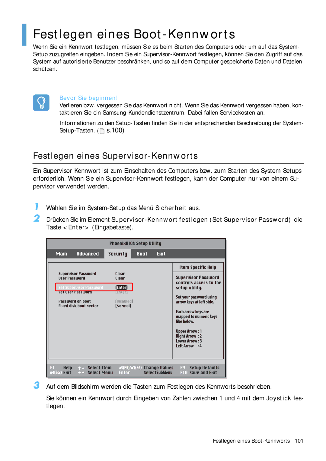 Samsung NP-Q1BV000/SEG, NP-Q1BV001/SEG manual Festlegen eines Boot-Kennworts, Festlegen eines Supervisor-Kennworts 