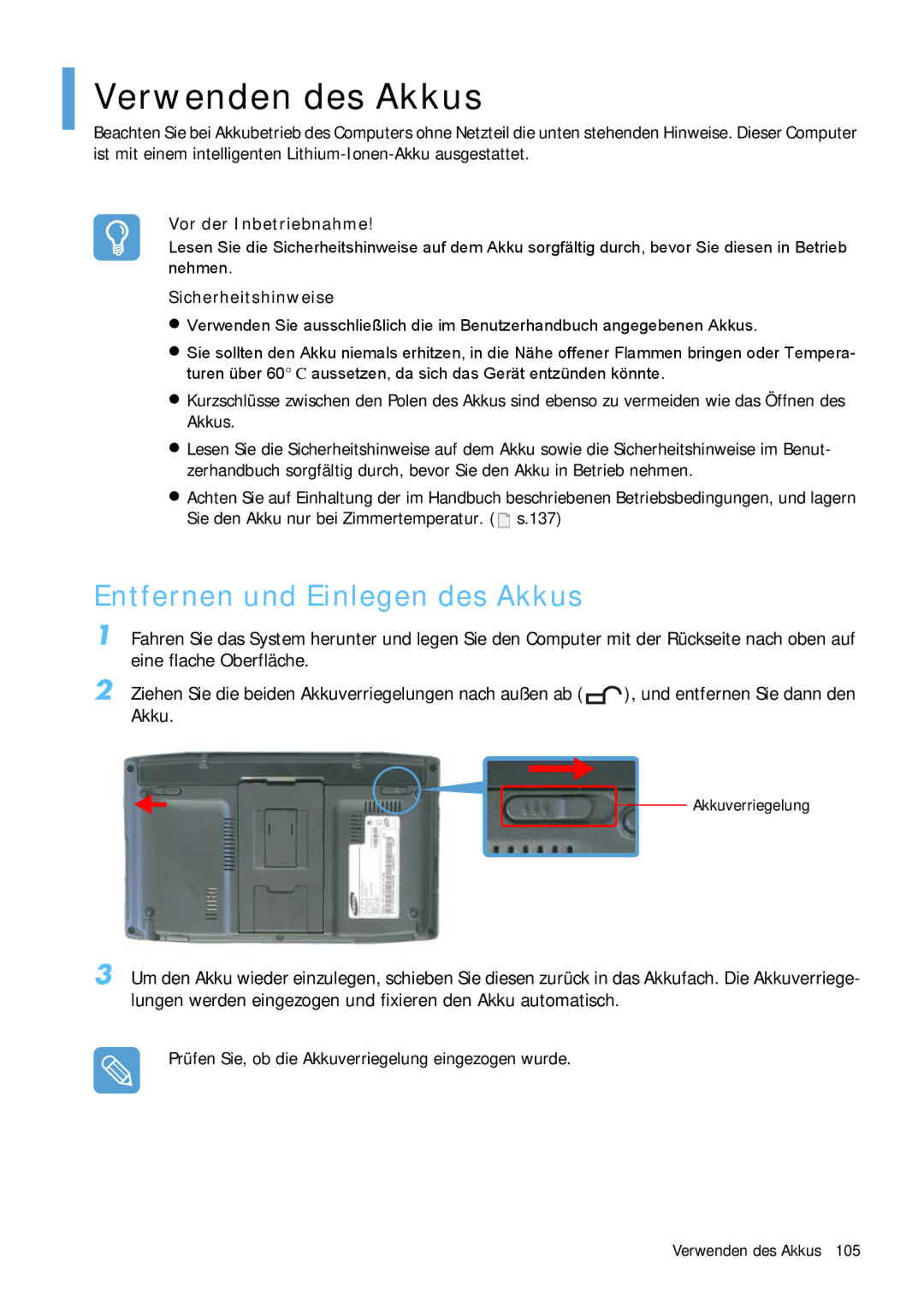 Samsung NP-Q1BV000/SEG, NP-Q1BV001/SEG manual Verwenden des Akkus, Entfernen und Einlegen des Akkus, Vor der Inbetriebnahme 