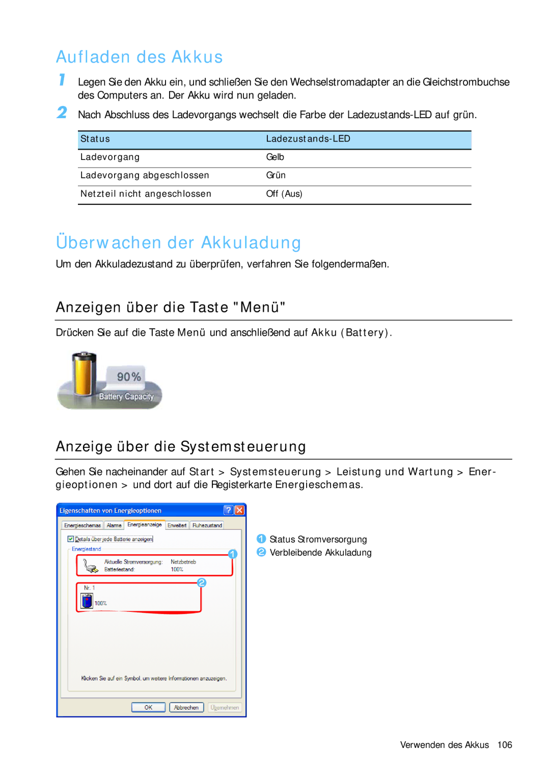 Samsung NP-Q1BV001/SEG, NP-Q1BV000/SEG manual Aufladen des Akkus, Überwachen der Akkuladung, Anzeigen über die Taste Menü 