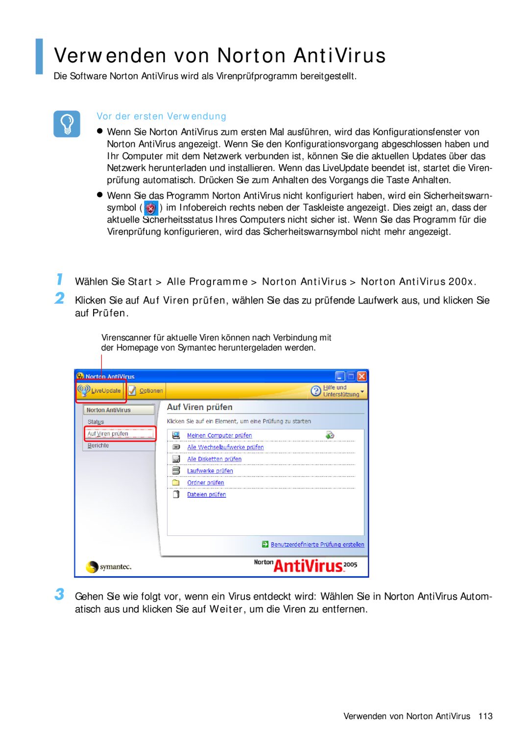 Samsung NP-Q1BV000/SEG, NP-Q1BV001/SEG manual Verwenden von Norton AntiVirus, Vor der ersten Verwendung 