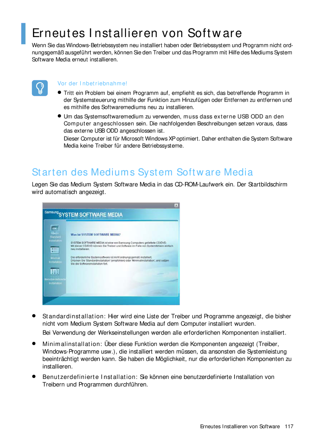 Samsung NP-Q1BV000/SEG, NP-Q1BV001/SEG manual Erneutes Installieren von Software, Starten des Mediums System Software Media 