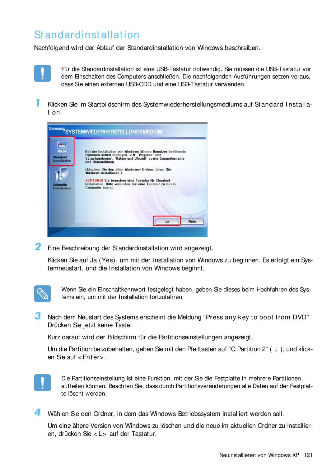 Samsung NP-Q1BV000/SEG, NP-Q1BV001/SEG manual Standardinstallation 