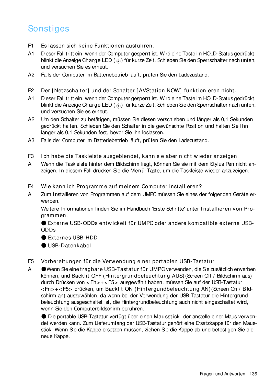 Samsung NP-Q1BV001/SEG, NP-Q1BV000/SEG manual Sonstiges, F1 Es lassen sich keine Funktionen ausführen 