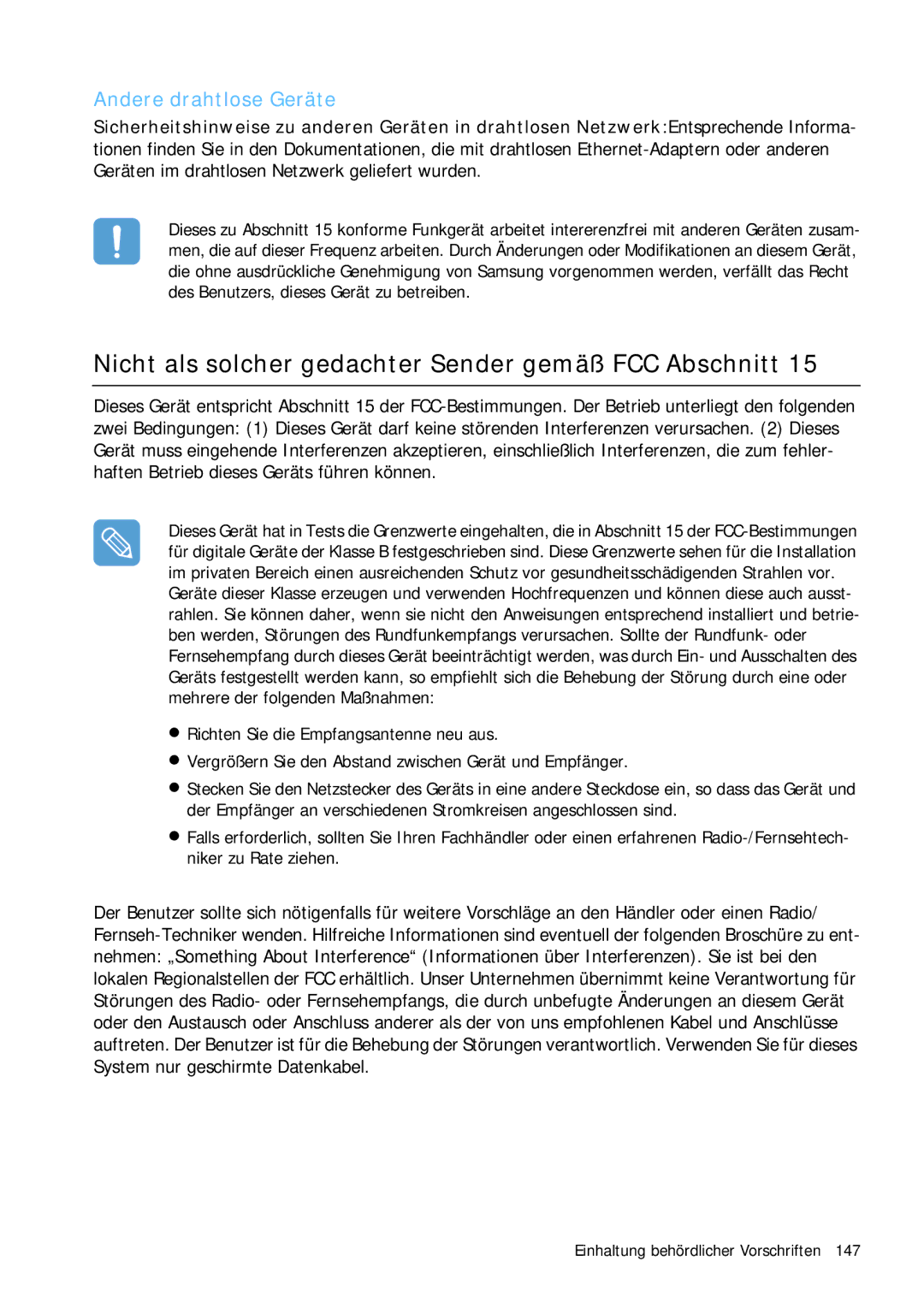 Samsung NP-Q1BV000/SEG, NP-Q1BV001/SEG Nicht als solcher gedachter Sender gemäß FCC Abschnitt, Andere drahtlose Geräte 