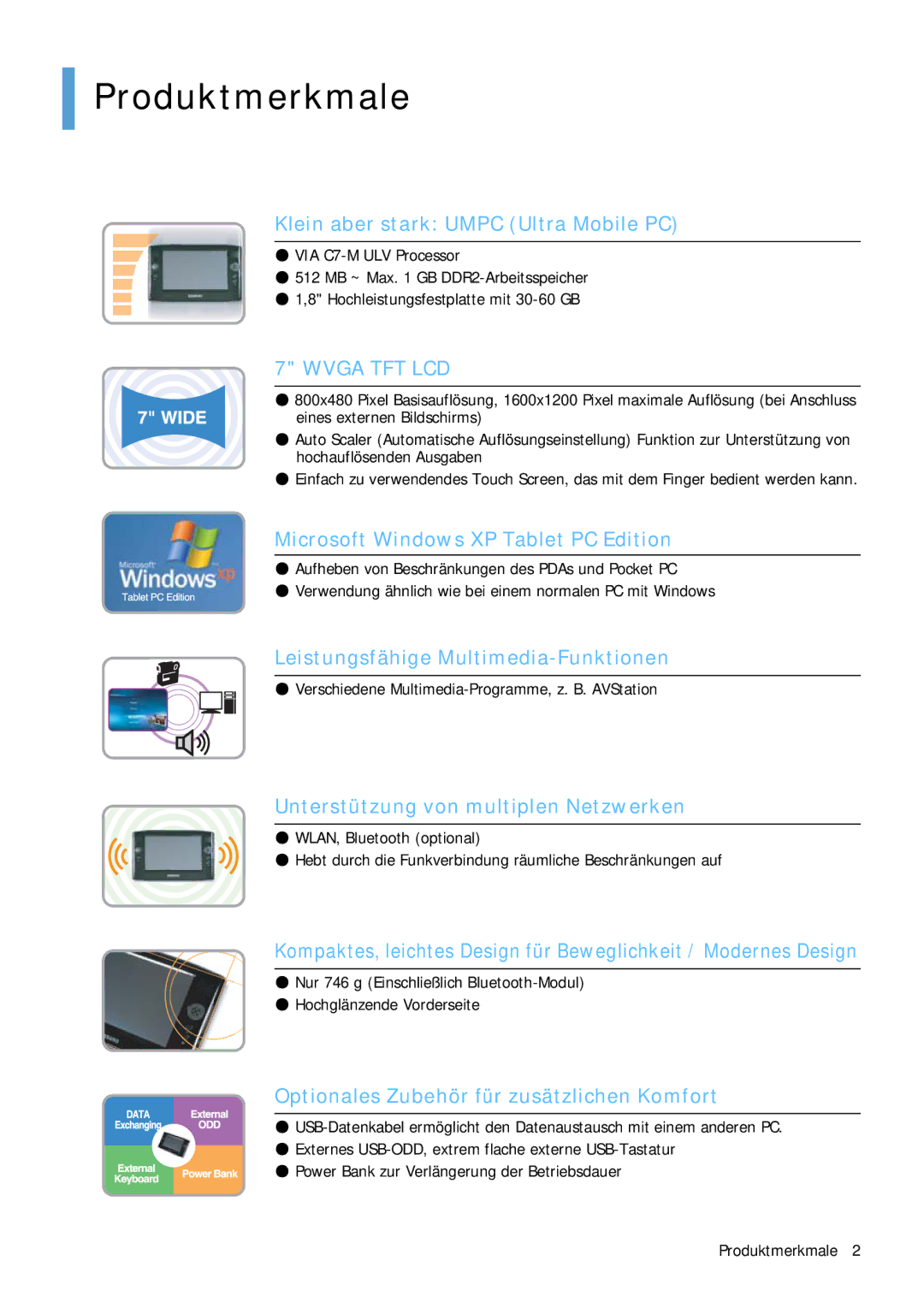 Samsung NP-Q1BV001/SEG, NP-Q1BV000/SEG manual Produktmerkmale, Klein aber stark Umpc Ultra Mobile PC 