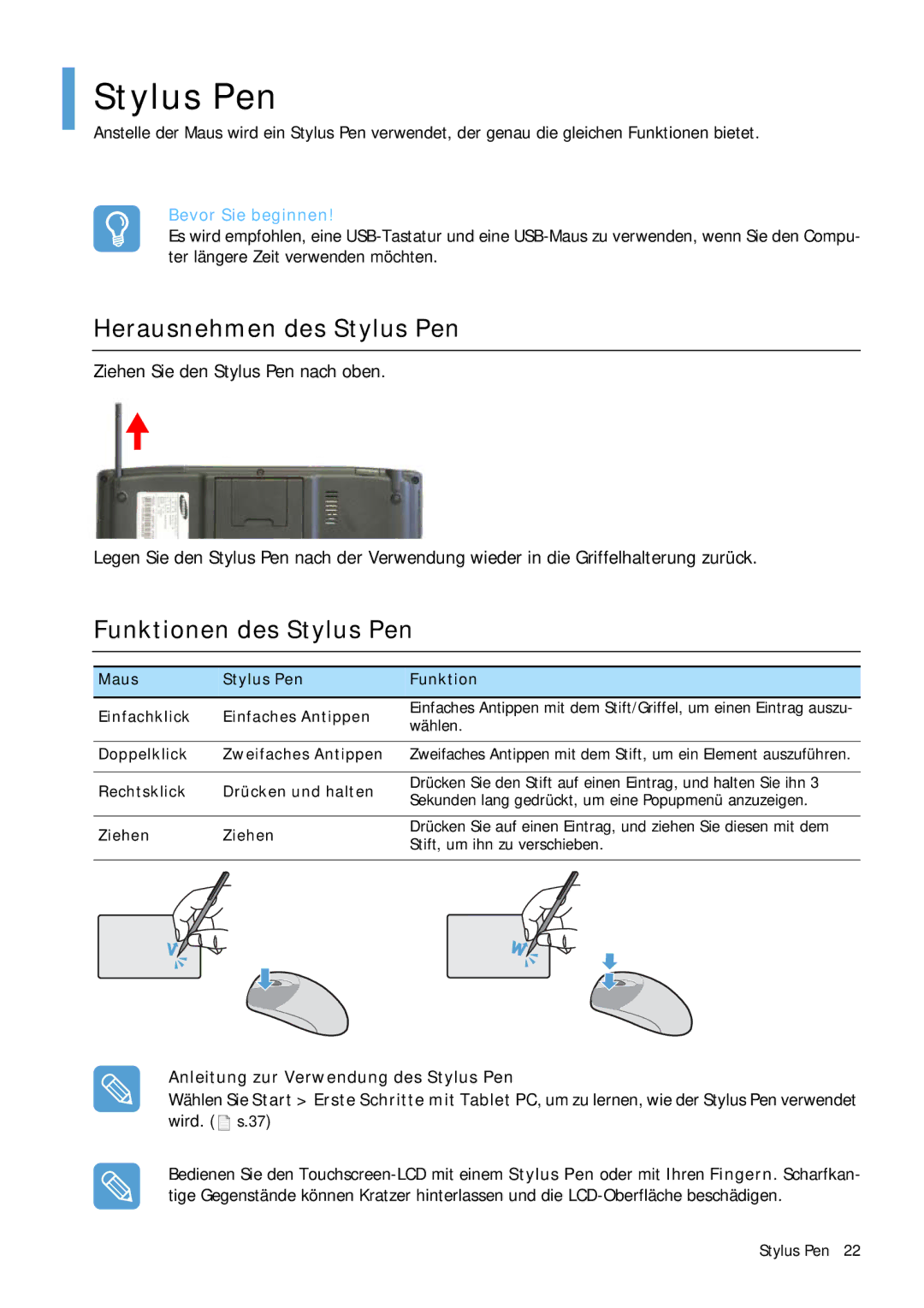 Samsung NP-Q1BV001/SEG Herausnehmen des Stylus Pen, Funktionen des Stylus Pen, Anleitung zur Verwendung des Stylus Pen 