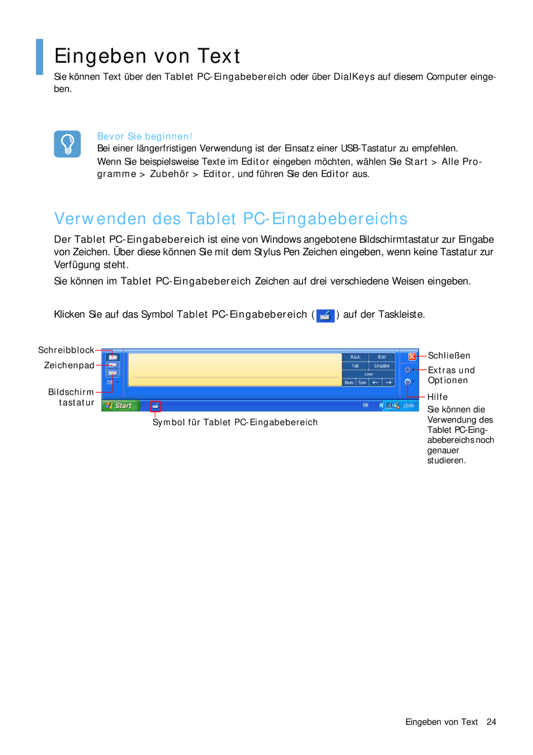 Samsung NP-Q1BV001/SEG, NP-Q1BV000/SEG manual Eingeben von Text, Verwenden des Tablet PC-Eingabebereichs 