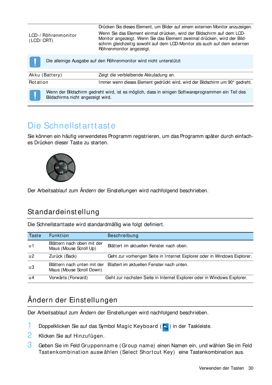 Samsung NP-Q1BV001/SEG, NP-Q1BV000/SEG manual Die Schnellstarttaste, Standardeinstellung, Ändern der Einstellungen 