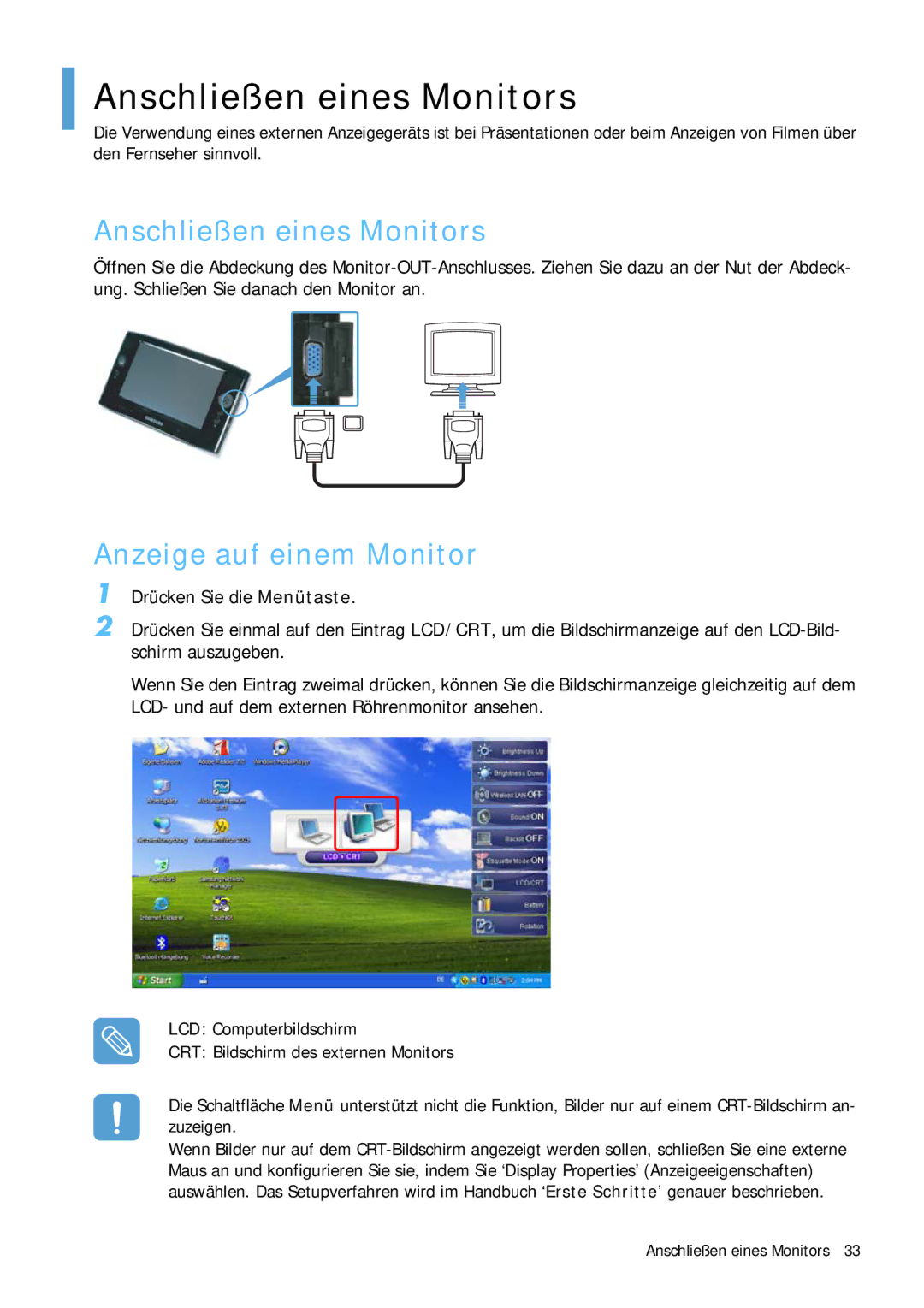 Samsung NP-Q1BV000/SEG, NP-Q1BV001/SEG manual Anschließen eines Monitors, Anzeige auf einem Monitor 