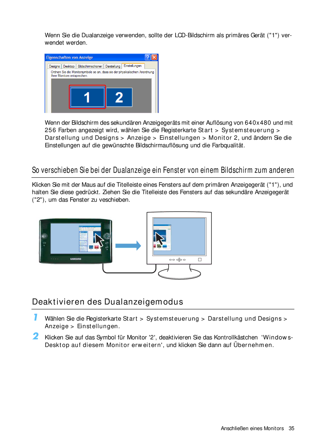 Samsung NP-Q1BV000/SEG, NP-Q1BV001/SEG manual Deaktivieren des Dualanzeigemodus 