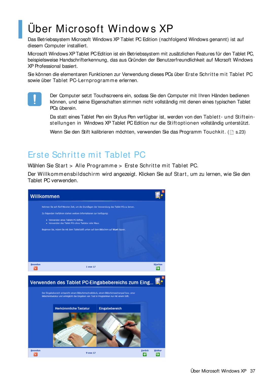 Samsung NP-Q1BV000/SEG, NP-Q1BV001/SEG manual Über Microsoft Windows XP, Erste Schritte mit Tablet PC 