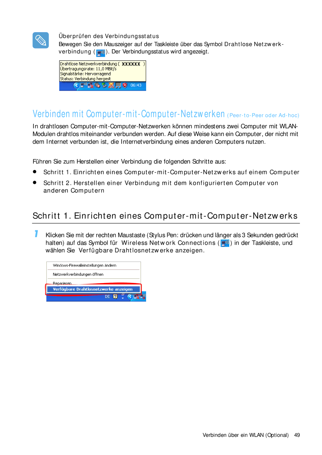 Samsung NP-Q1BV000/SEG manual Schritt 1. Einrichten eines Computer-mit-Computer-Netzwerks, Überprüfen des Verbindungsstatus 