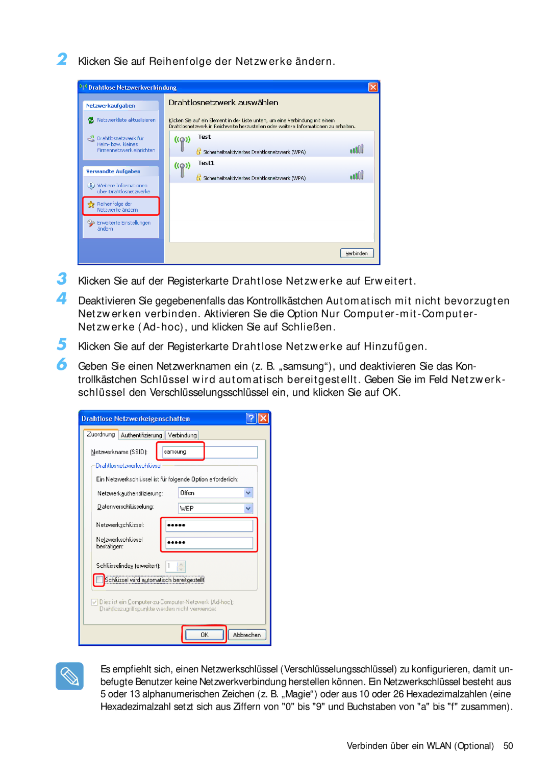 Samsung NP-Q1BV001/SEG, NP-Q1BV000/SEG manual Klicken Sie auf Reihenfolge der Netzwerke ändern 